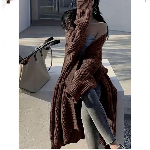 Open Front Long Brown Cardigan - Picture 4 of 5